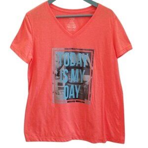Danskin Now "Today Is My Day" Coral V-Neck T-Shirt XL gym casual workout tee